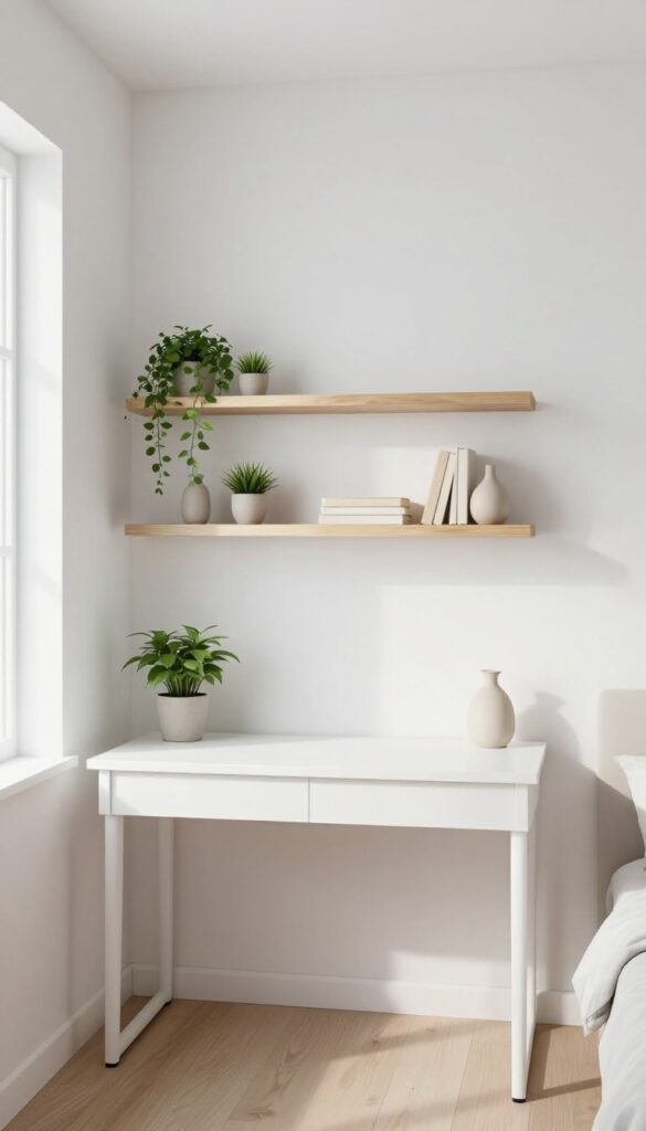 Bright small bedroom corner with light wood floating shelves above a slim desk, styled with plants and books, leaving open floor space