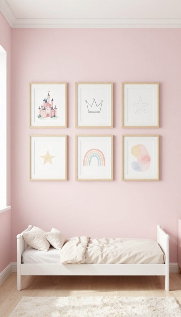 Soft pastel toddler bedroom wall with a small gallery of light wood and white framed whimsical art, including a watercolor castle and minimal crown sketch, above a low white bed in bright natural light