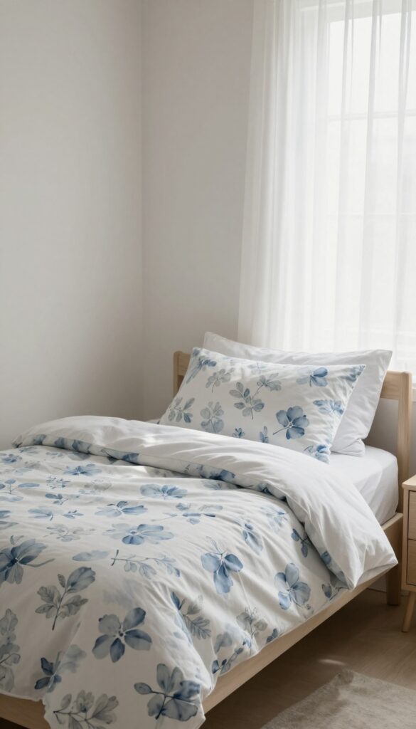 Calm bedroom with soft watercolor blue floral bedding, white pillowcases, and pale wood furniture in bright natural light