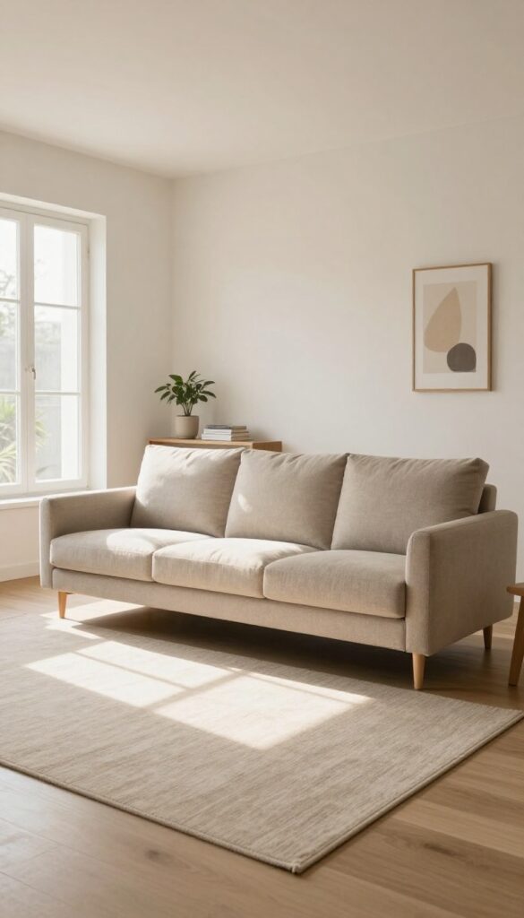 Bright living room with a sofa floated away from the wall on a large area rug, console table behind it, and armchairs forming a cozy seating circle in natural light.