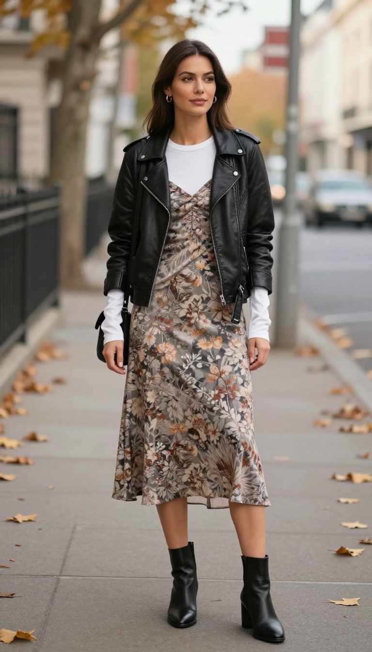 6. Slip Dress + Long-Sleeve Tee + Leather Jacket + Ankle Boots