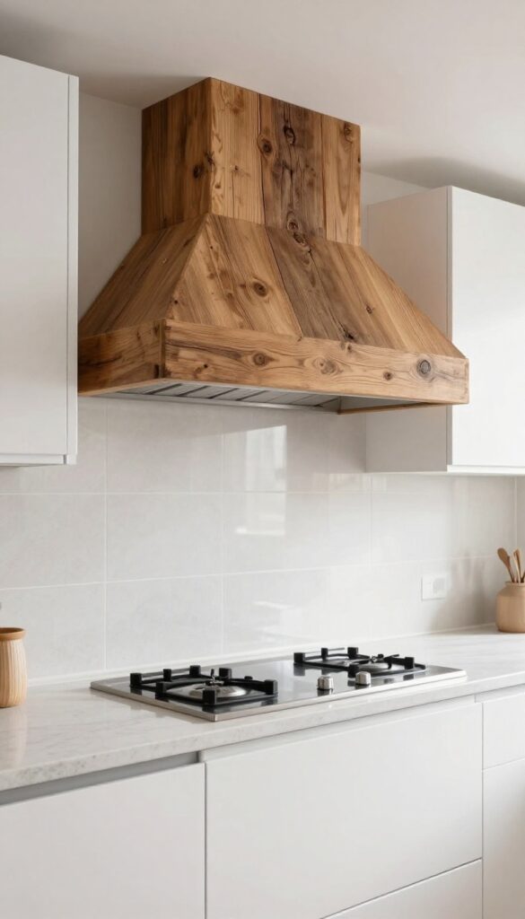 Rustic reclaimed wood beam range hood cover in a bright modern kitchen with white cabinets and quartz countertops