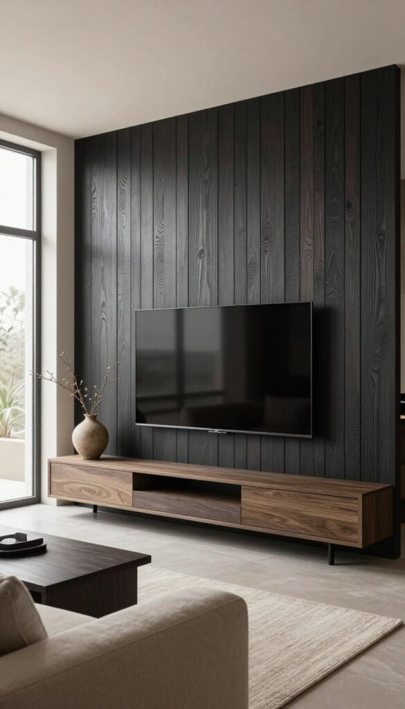 Modern living room with a dark wood slat statement wall behind a wall-mounted TV, styled with minimal decor and bright natural light