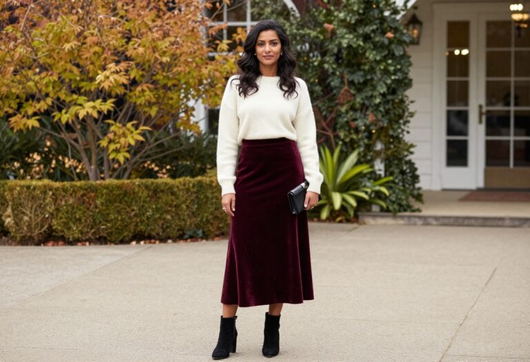 Woman wearing a burgundy velvet midi skirt and cream sweater with ankle boots, standing outdoors at a wedding venue.