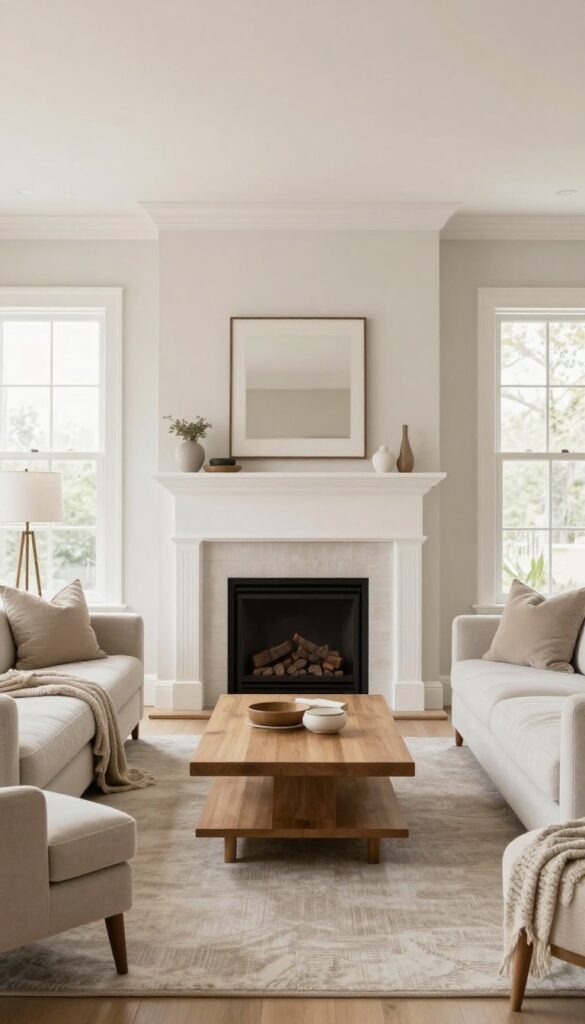 Bright living room with a clean-lined sectional sofa facing a classic fireplace, centered coffee table, textured pillows, and natural light, creating a warm conversational layout.