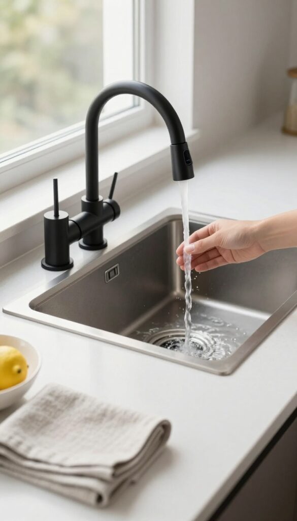 Modern kitchen with a matte black touchless smart faucet over a stainless steel sink, water running as a hand hovers near the sensor, bright natural light and clean countertops.