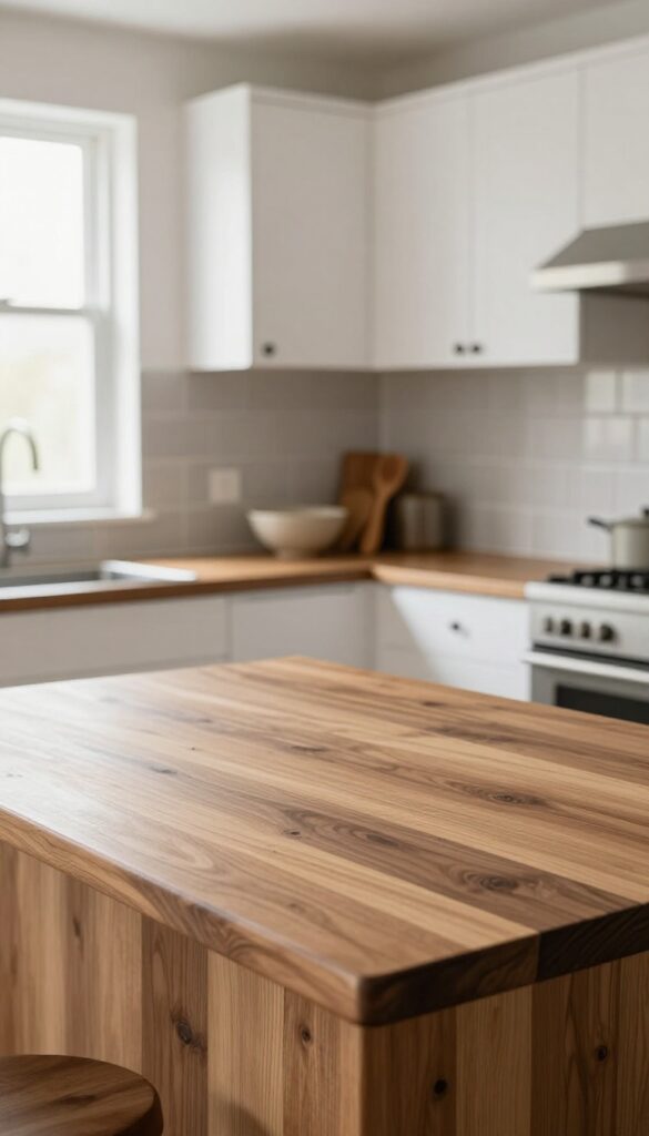 Warm walnut butcher block kitchen island countertop contrasting with white cabinets and natural light.