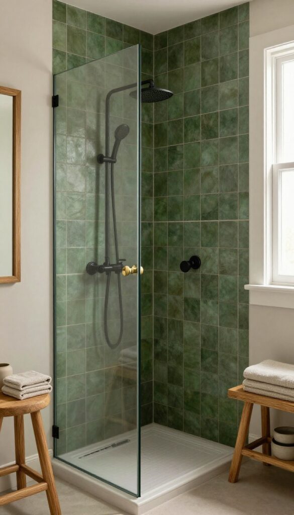 Moody green tiled shower with natural wood accents, matte black fixtures, and bright natural light in a relaxing bathroom