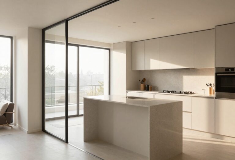 Modern open kitchen with a glass and black metal partition wall separating it from a bright living room
