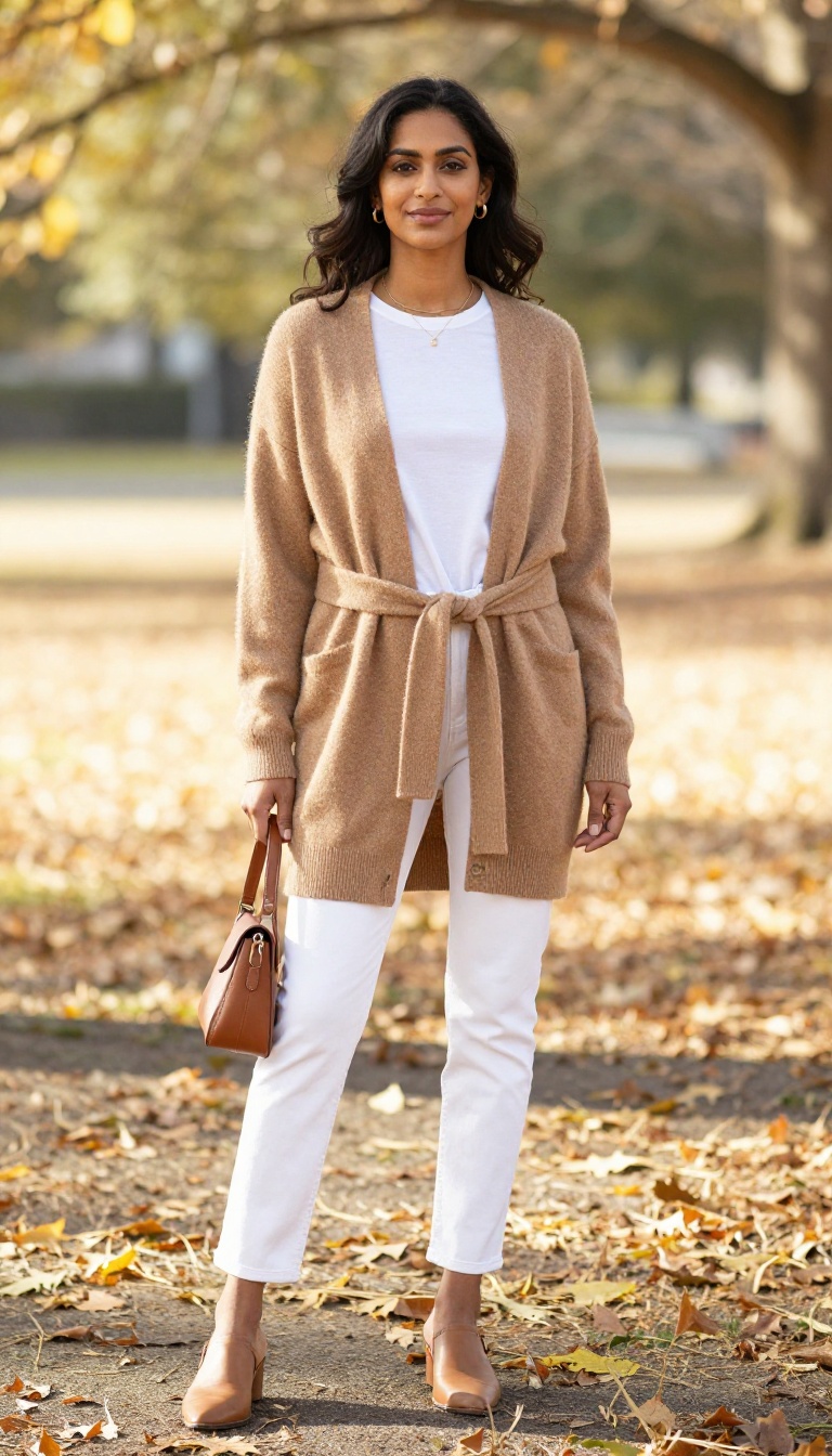 8. Cashmere Wrap Cardigan with White Jeans