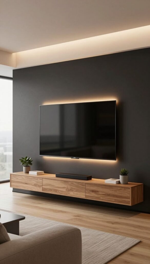 Modern living room TV unit with soft warm LED backlighting glowing behind a floating wooden console and flat-screen TV against a dark matte wall