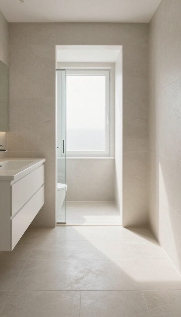 Bright small bathroom with light continuous large-format tile flooring and matching grout, making the compact space feel wider and calmer.