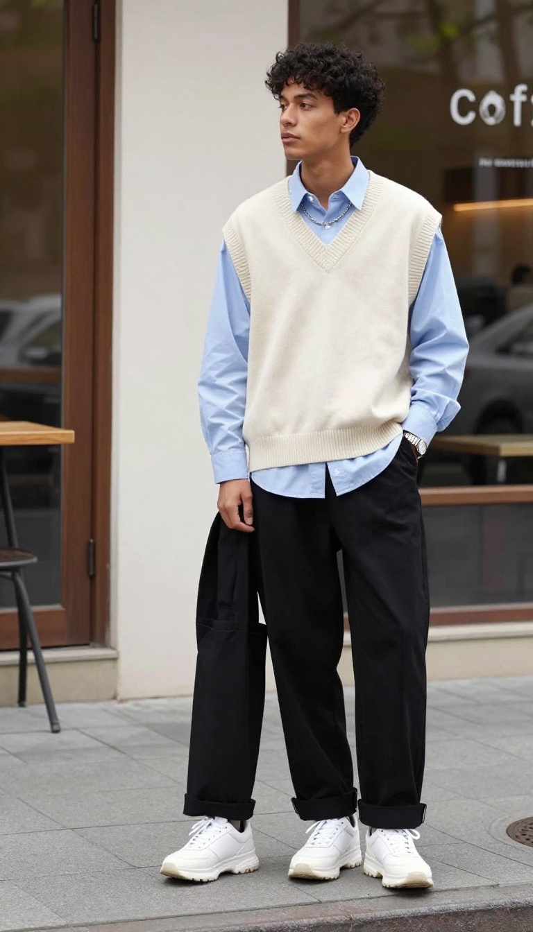 8. Sweater Vest Over a Collared Shirt with Wide-Leg Pants