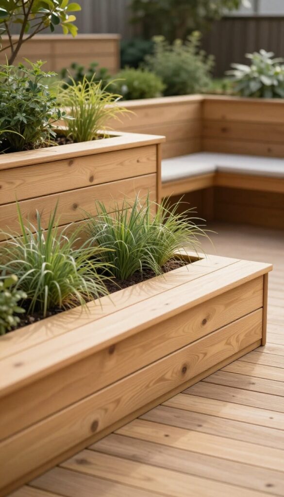 Small backyard floating wood deck with built-in planter boxes filled with ornamental grasses and shrubs along the edge, creating a cozy privacy boundary with integrated seating