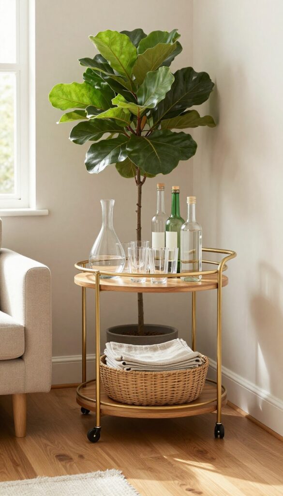 Bright living room corner styled with a gold two-tier bar cart holding a tray, glasses, bottles, and a plant, creating a finished beverage station.