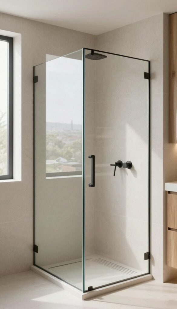 Modern walk-in shower with a single frameless partial glass panel, bright natural light, and clean luxe bathroom finishes