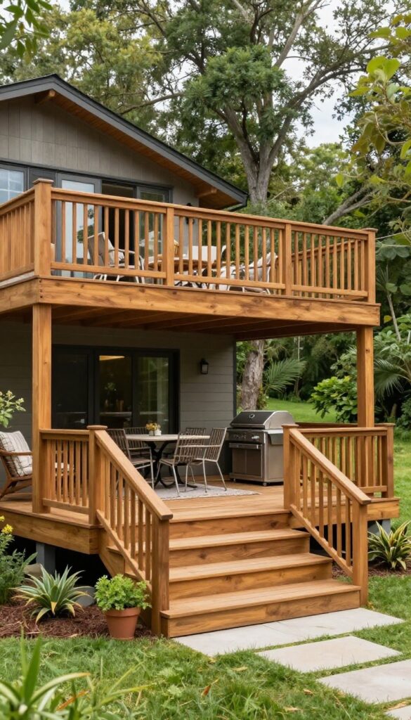 Split-level wooden backyard deck with a dining area on the upper tier and a lounge and grill zone on the lower tier, connected by a short step and matching railings.