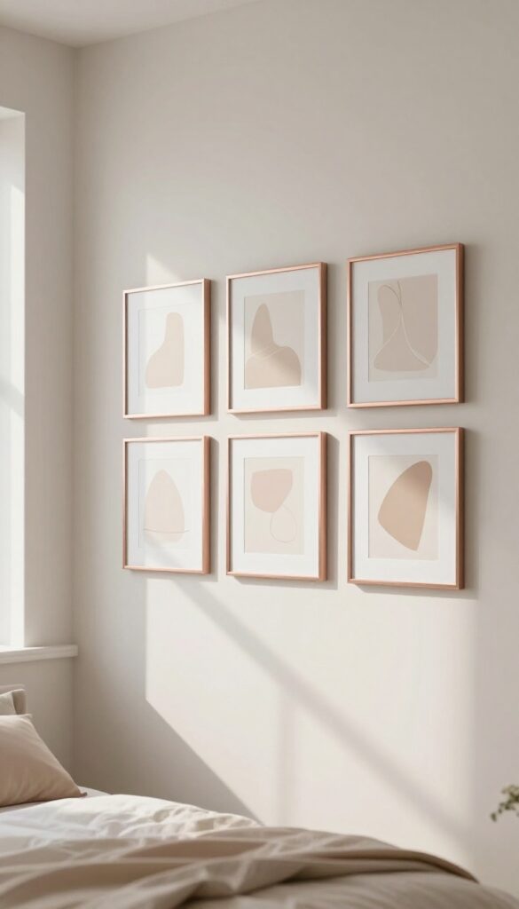 Three thin rose gold picture frames with neutral abstract art hung on a bright bedroom wall in a tidy gallery arrangement, with soft blush bedding visible below.