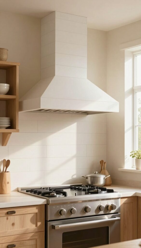 White shiplap farmhouse range hood cover above a stove in a bright kitchen with natural light