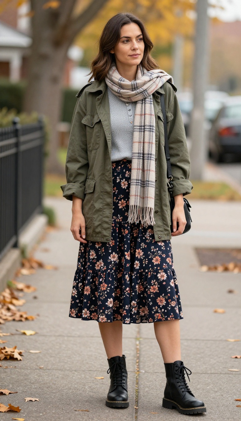 10. Tiered Midi Skirt + Thermal Henley + Utility Jacket