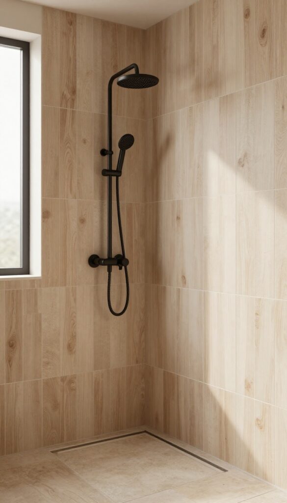 Rustic walk-in shower with warm wood-look tile walls installed vertically, minimal grout lines, simple stone floor, and bright natural light creating a cozy cabin feel.