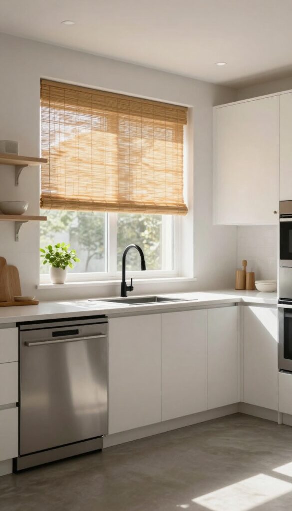 Bright modern kitchen window with a light woven bamboo shade filtering warm sunlight over white cabinets and countertops