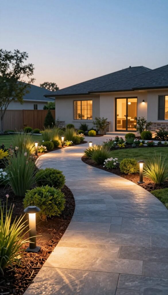 Front yard stone pathway at dusk lined with evenly spaced warm-white solar lights glowing among shrubs and garden beds, with a softly lit house in the background