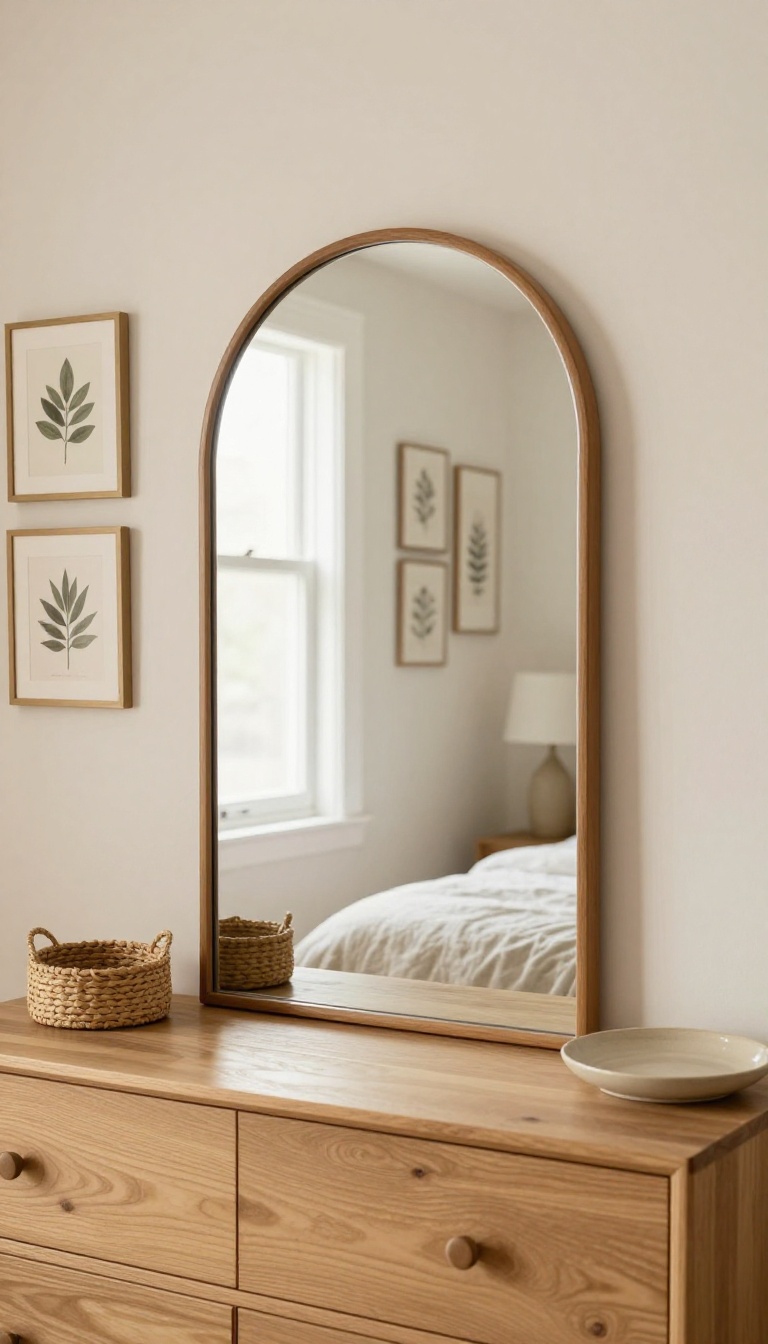 Cozy neutral bedroom wall styled with an arched wood-framed mirror, framed botanical prints, a woven basket, and a ceramic plate above a light oak dresser