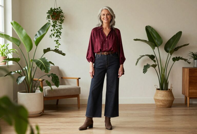 Older woman in 70s-inspired outfit with wide-leg jeans and blouse, standing in a bright living room