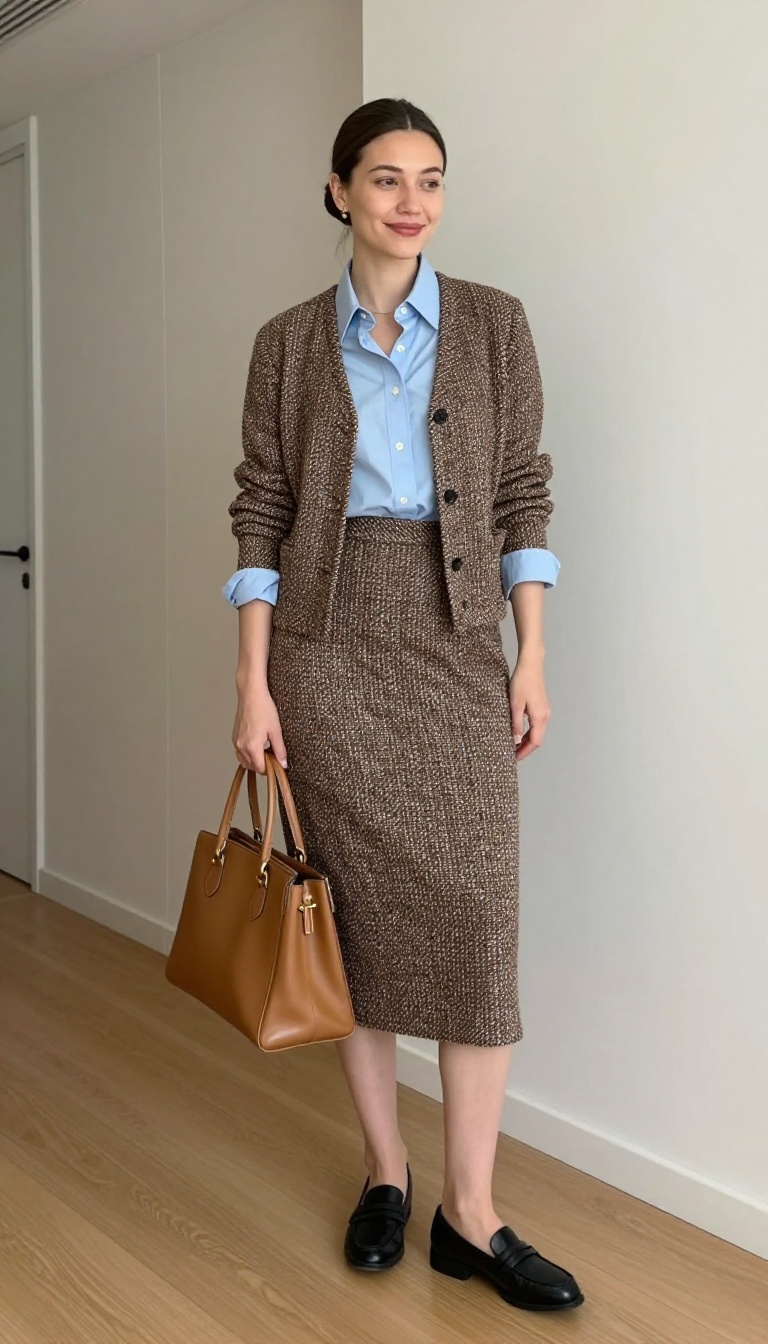 7. Tweed Skirt with a Button-Down and Loafers