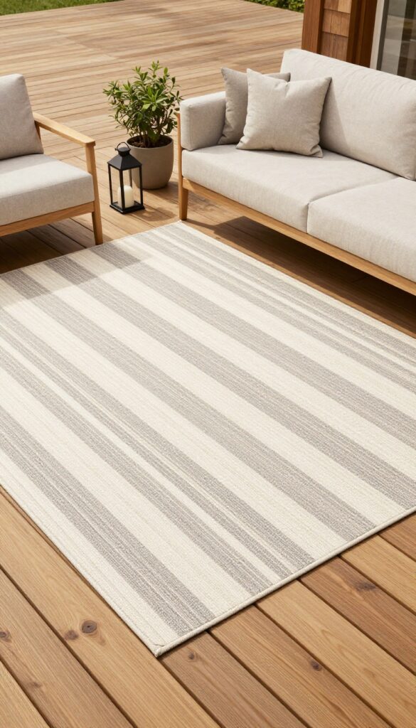 Outdoor rug zoning a wooden deck seating area with weather-resistant striped rug under patio furniture, bright natural light, clean Pinterest-friendly composition.
