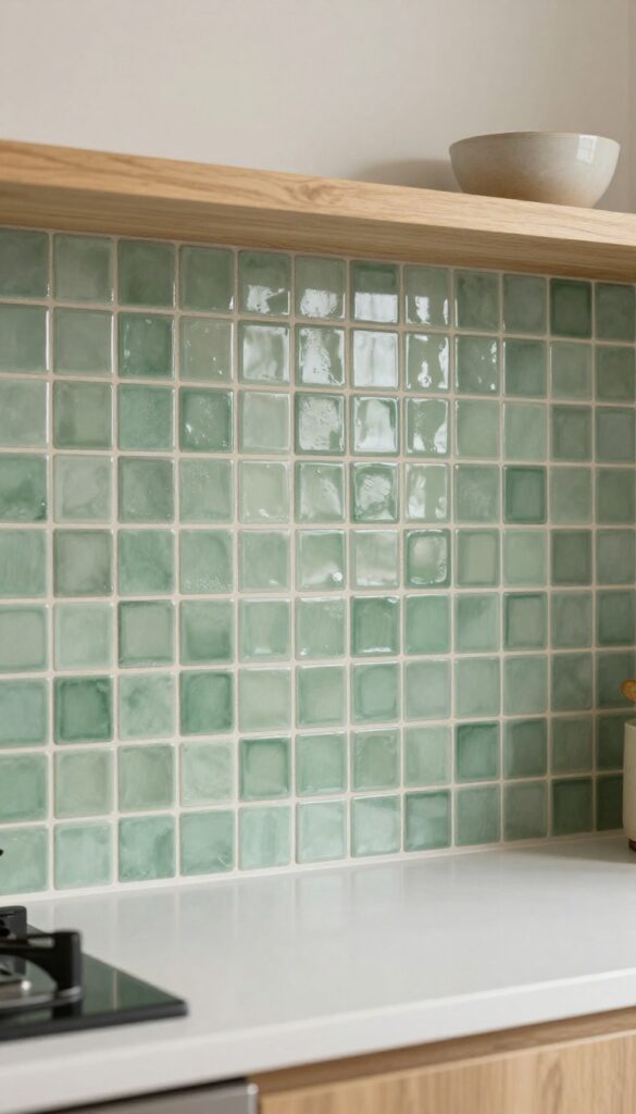 Sage green zellige tile kitchen backsplash with uneven handmade texture and warm white grout under bright natural light