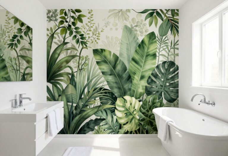 Bright bathroom with a large botanical mural covering the wall behind a clean vanity, featuring oversized green leaves and vines.