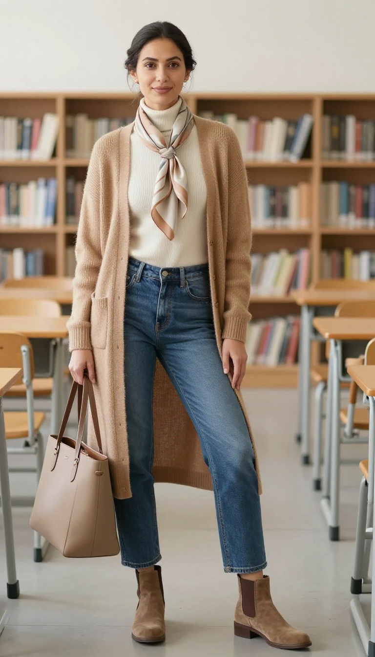 13. The Long Cardigan and Turtleneck with Jeans