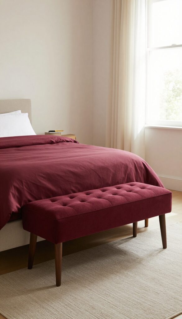 A maroon upholstered tufted bench with wooden legs placed at the foot of a neatly made bed in a bright, warm bedroom with matching maroon accents and clean, simple decor.