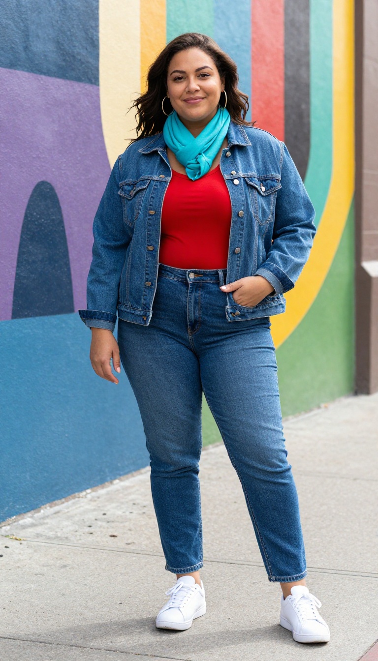 10. Denim on Denim with a Pop of Color