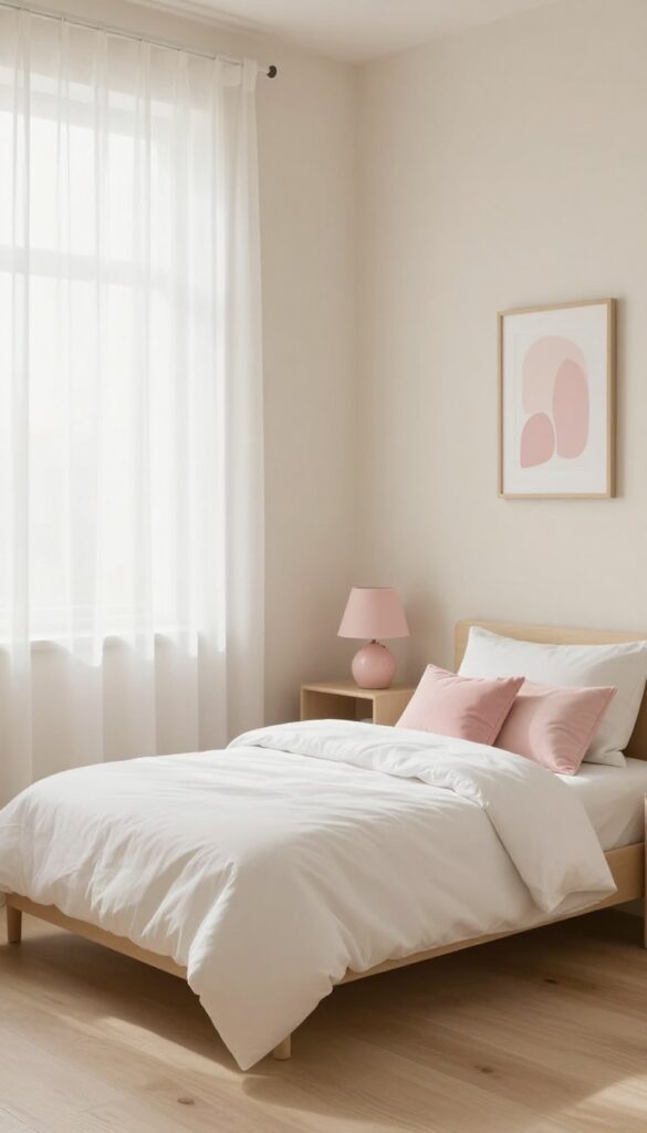 Bright neutral kids bedroom with soft pink accents including a framed pink abstract print, blush pink lamp, and pink throw pillows on a white bed.
