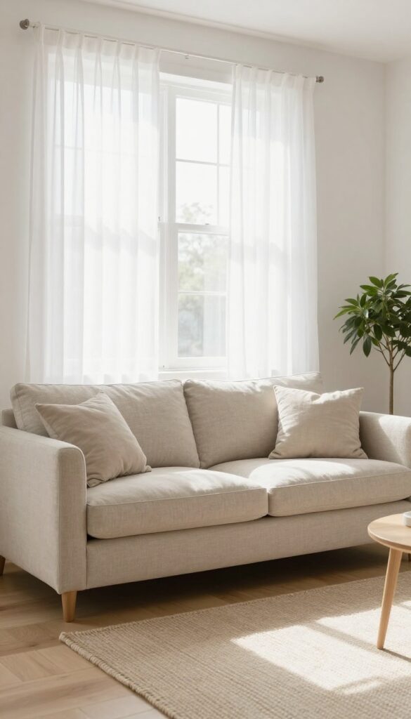 Bright living room with a low-back neutral couch placed beneath a large sunlit window, flanked by side chairs and framed by sheer curtains in a calm, airy space.