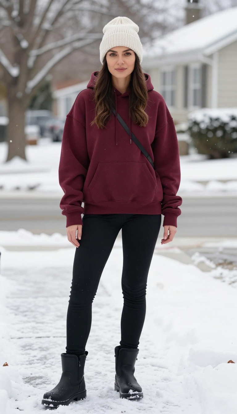 6. Fleece-Lined Leggings-Jeans with a Hoodie and Beanie for Snowy Days