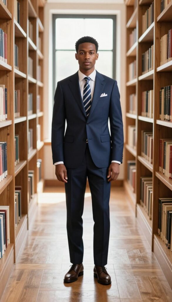 Man in navy suit with striped tie and white pocket square