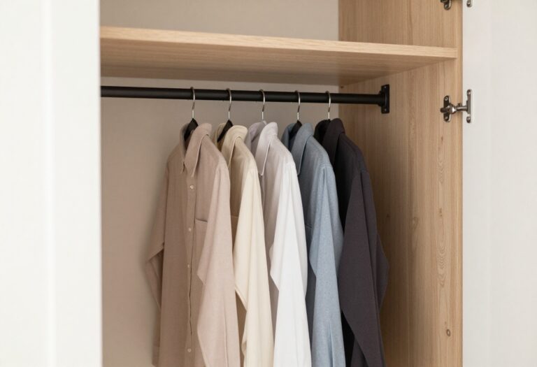 Small bedroom cupboard with a double hanging rod system, shirts on the upper rod and folded pants on the lower rod, bright natural light
