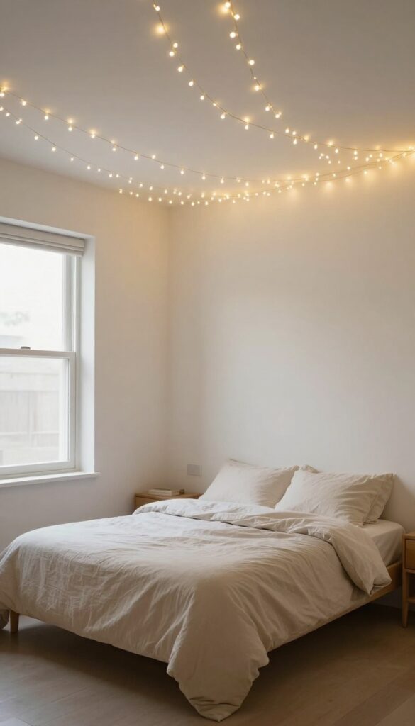 Bedroom ceiling draped with delicate micro LED fairy lights in loose waves above a bed with neutral bedding, glowing softly in bright natural light.