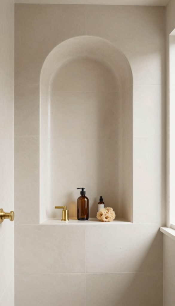 Photorealistic bright bathroom shower with a curved arched tile niche holding a few minimal bottles, brass fixtures, and soft natural light