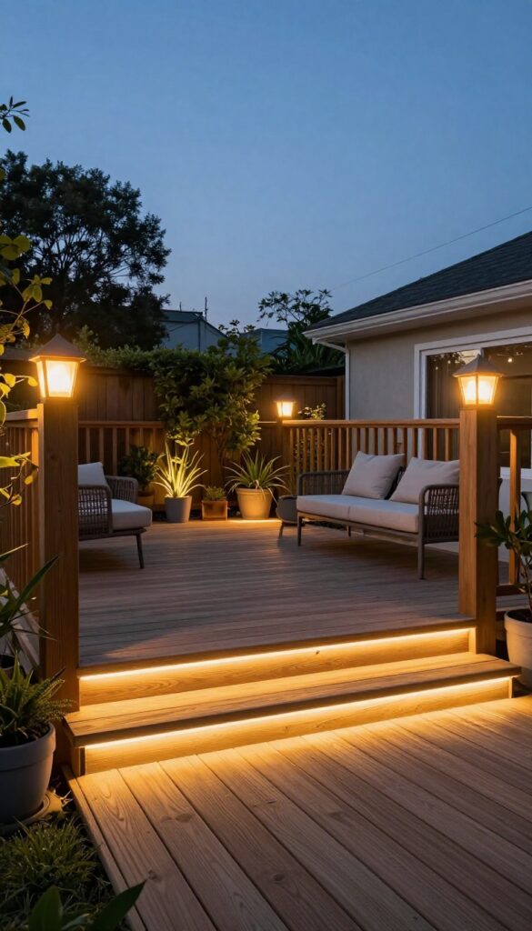Backyard wooden deck at dusk with warm built-in step lights, under-rail LED strips, and post cap lights creating a cozy resort-like glow
