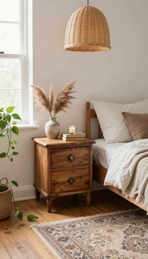 Cozy bohemian bedroom corner with a vintage wooden bedside table holding dried pampas grass, books, and a candle, styled with layered textiles and warm natural light.