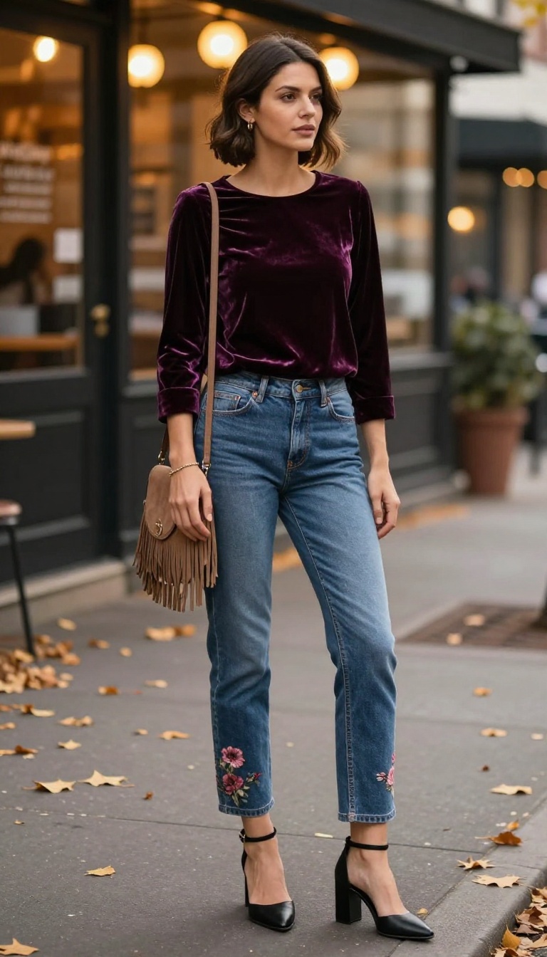 13. Embroidered Jeans with Ankle-Strap Heels and a Velvet Top