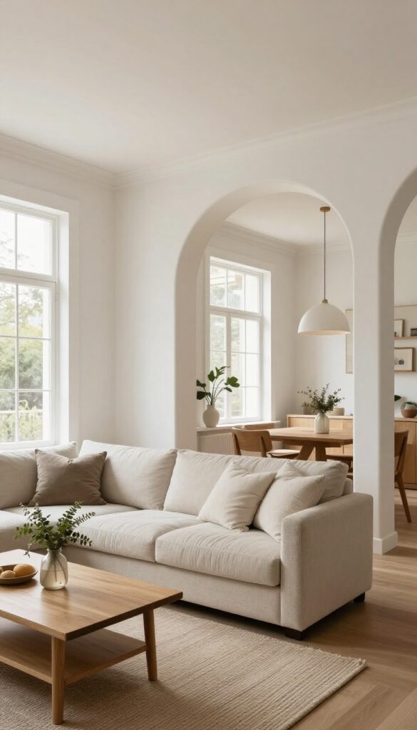Bright living room with a white DIY open archway partition frame dividing the living area from a dining space, styled with a neutral sofa, wood coffee table, and natural light.