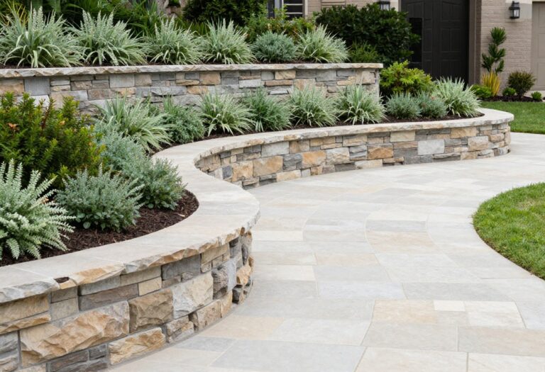 Tiered natural stone retaining walls with layered planting beds in a bright front yard landscape