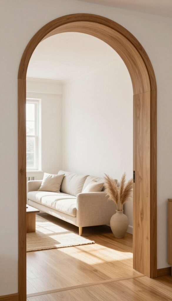 Living room archway framed with warm medium-toned wood trim contrasting against white walls, bright natural light, hardwood floors, and a console with dried grass in the foreground