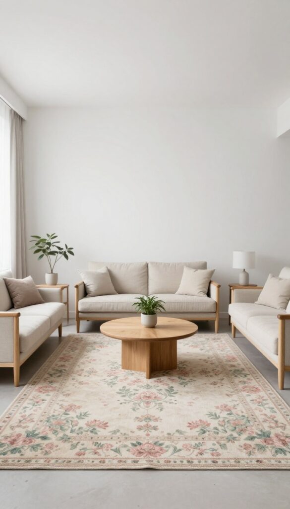 Bright living room with a large faded floral area rug under a neutral sofa and light wood chairs, styled with minimal decor and natural daylight.